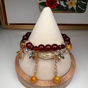 Gemstone Bracelet Set Red Yellow Crackle Cross Charm Boho Christian Spiritual